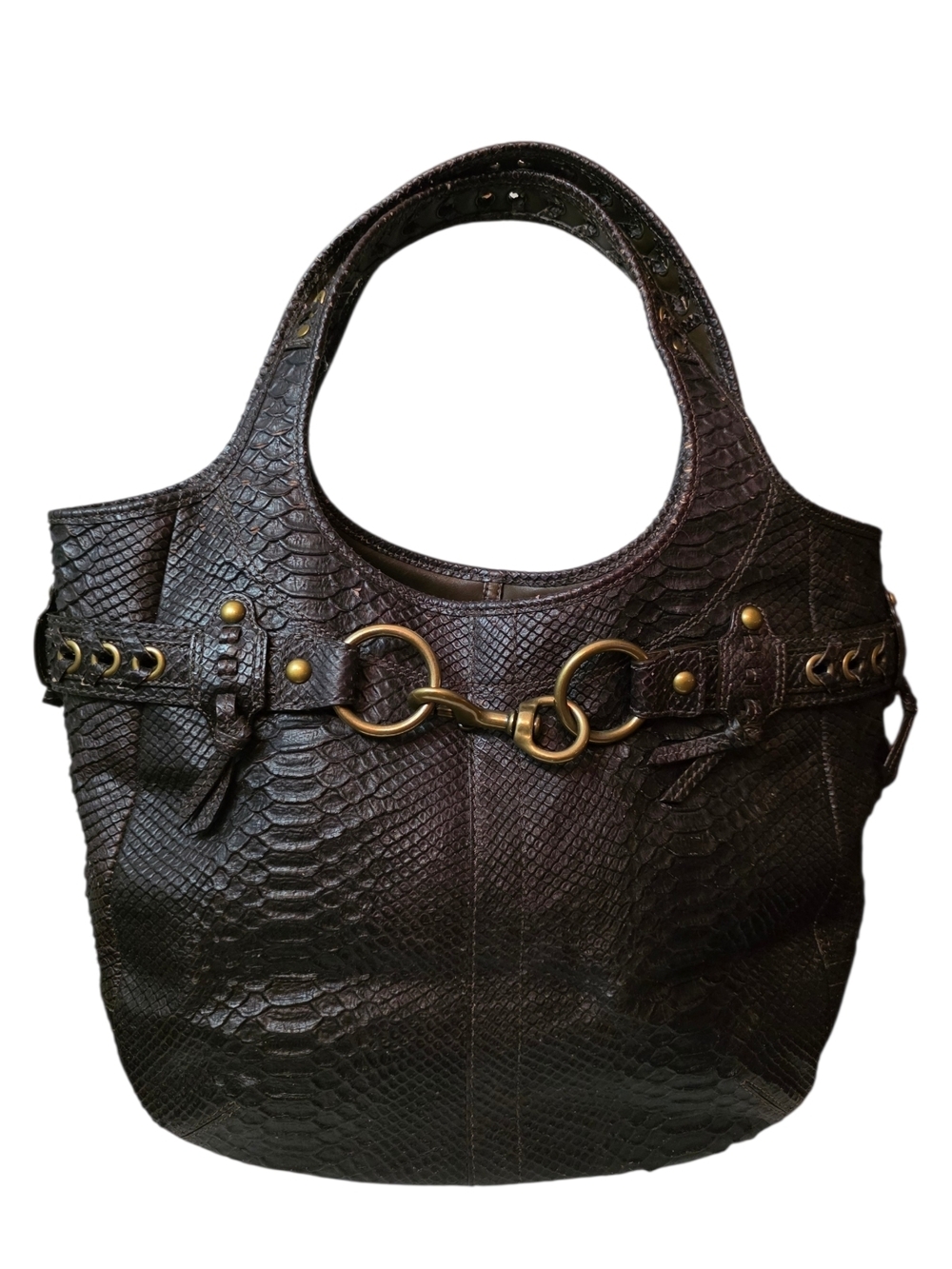 RARE Coach Ergo Python Leather Hobo Bag Chocolate Brown Brass Whipstitch Studded